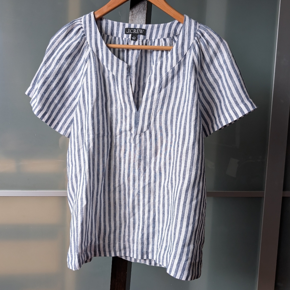J.Crew 100% Linen Flutter-sleeve V-neck Top In White With Blue Stripes - S